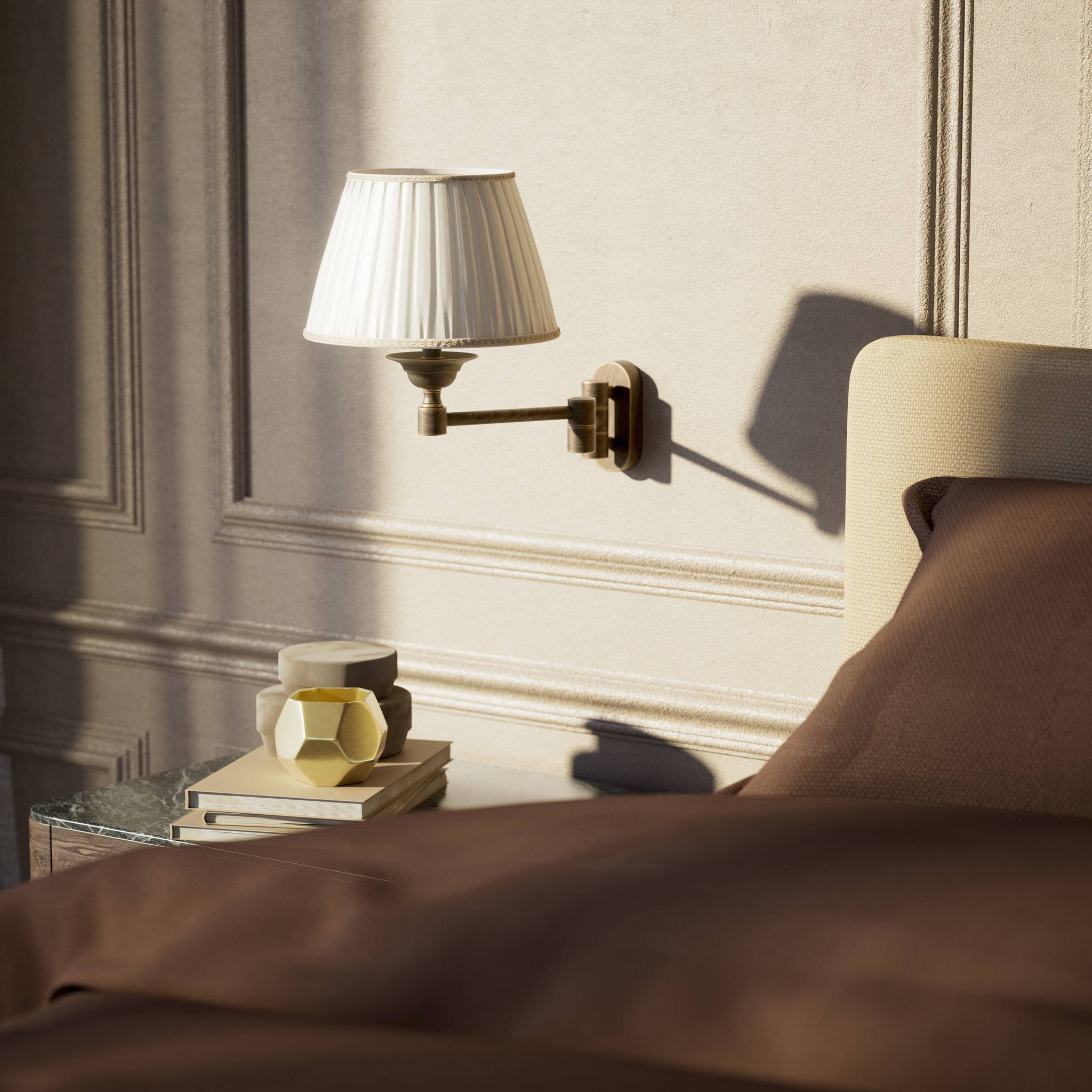 Brass wall lamp with ivory fabric lampshade and adjustable arms for elegant interior spaces by Ghidini 1849 - Finish: OBM Bronze Satin Matt Brass