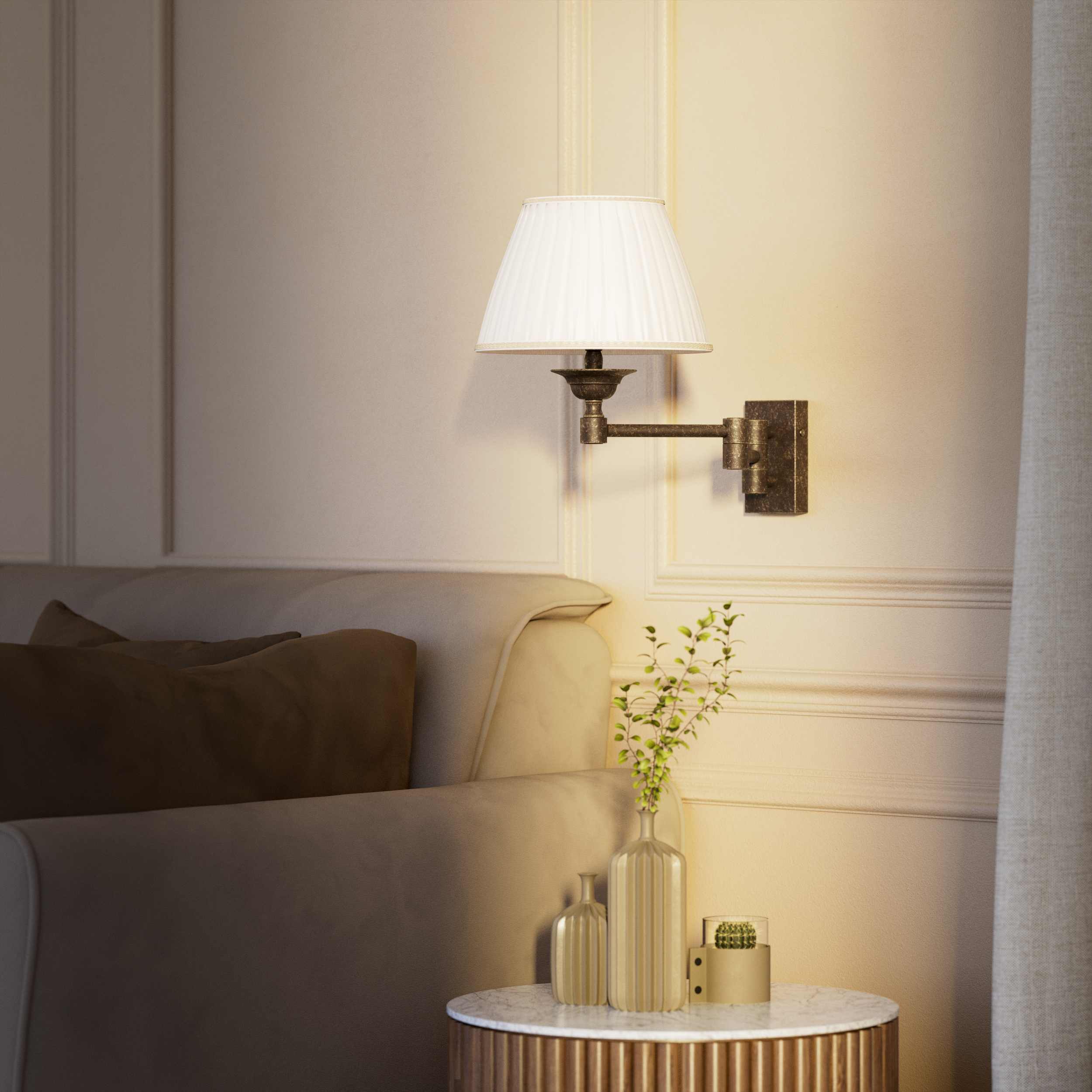 Double joint wall lamp with base and arm articulation, ivory pleated fabric shade, elegant design - Finish: OAS Antique Brass