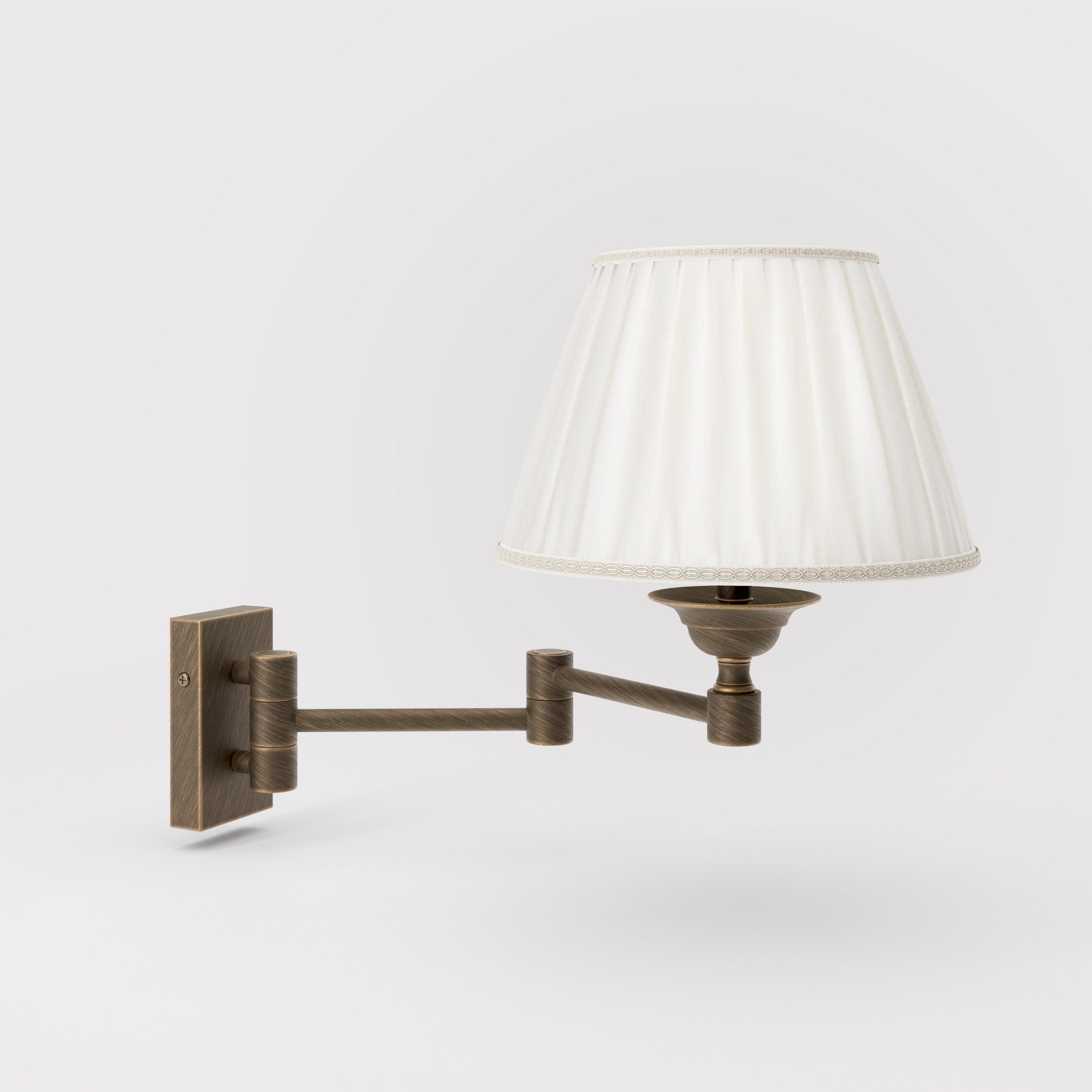 Double joint wall lamp with base and arm articulation, ivory pleated fabric shade, elegant design - Finish: OBM Bronze Satin Matt Brass