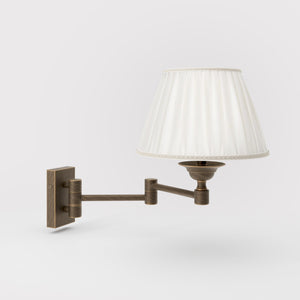 Double joint wall lamp with base and arm articulation, ivory pleated fabric shade, elegant design - Finish: OBM Bronze Satin Matt Brass