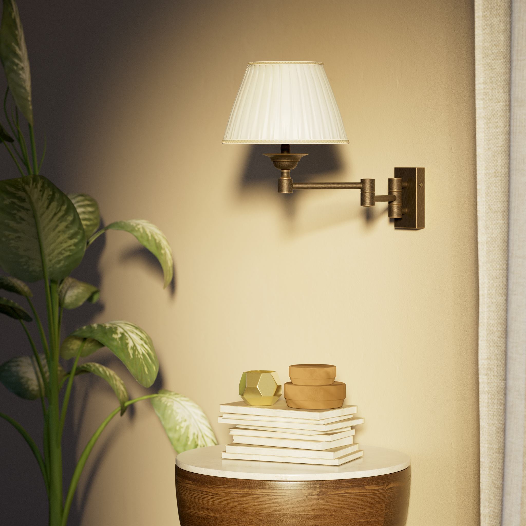 Double joint wall lamp with base and arm articulation, ivory pleated fabric shade, elegant design - Finish: OBM Bronze Satin Matt Brass