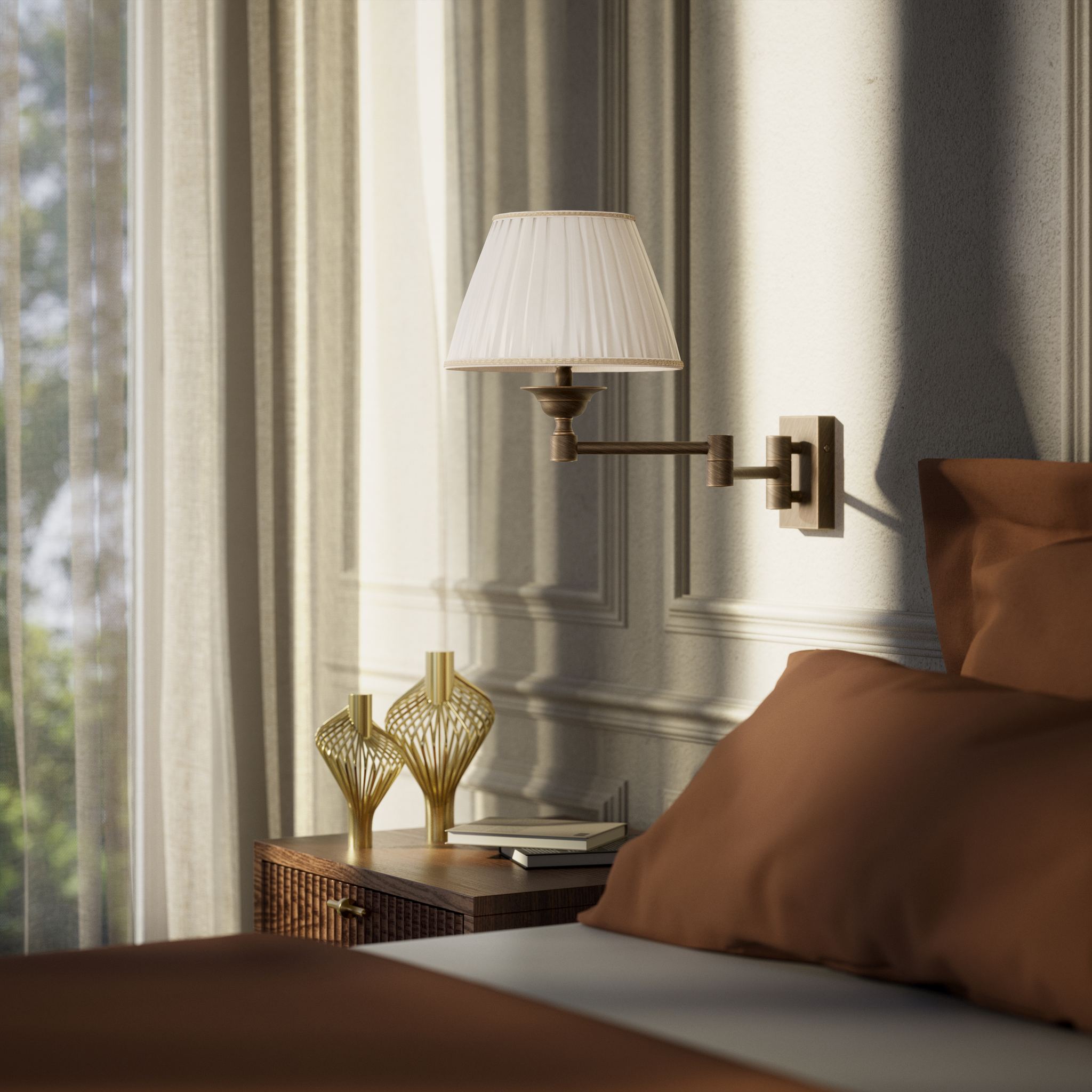 Double joint wall lamp with base and arm articulation, ivory pleated fabric shade, elegant design - Finish: OBM Bronze Satin Matt Brass