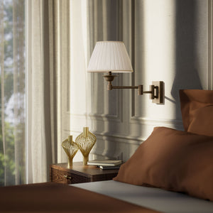 Double joint wall lamp with base and arm articulation, ivory pleated fabric shade, elegant design - Finish: OBM Bronze Satin Matt Brass