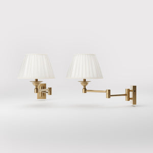 Double joint wall lamp with base and arm articulation, ivory pleated fabric shade, elegant design - Finish: OBS Bronze Satin Brass