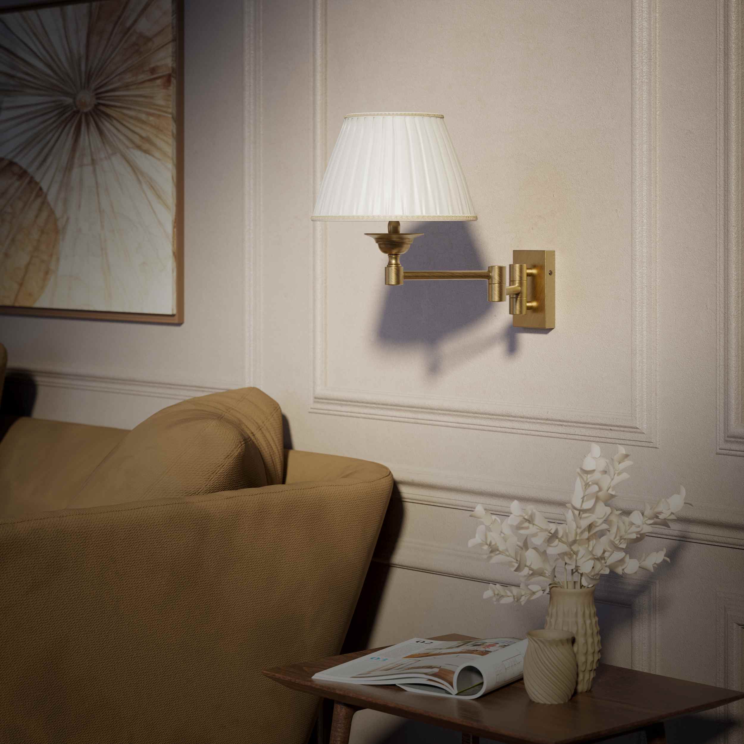 Double joint wall lamp with base and arm articulation, ivory pleated fabric shade, elegant design - Finish: OBS Bronze Satin Brass