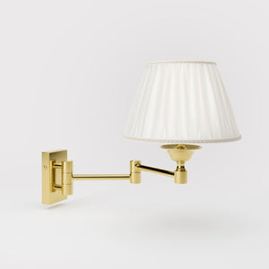 Double joint wall lamp with base and arm articulation, ivory pleated fabric shade, elegant design - Finish: OLV Polished Brass
