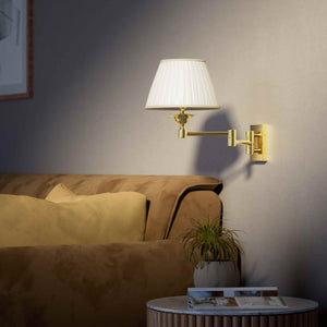 Double joint wall lamp with base and arm articulation, ivory pleated fabric shade, elegant design - Finish: OLV Polished Brass