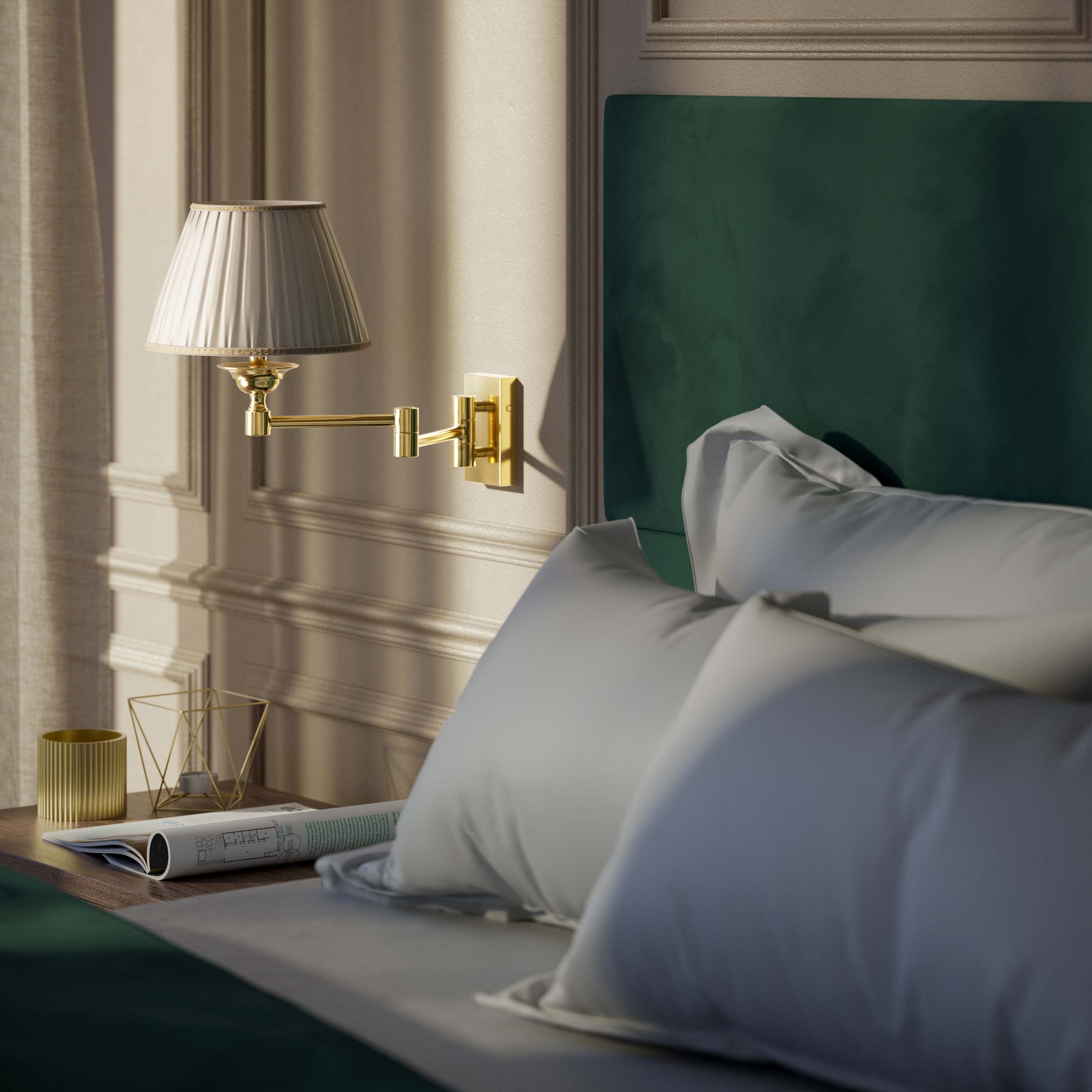 Double joint wall lamp with base and arm articulation, ivory pleated fabric shade, elegant design - Finish: OLV Polished Brass