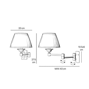 Double joint wall lamp with base and arm articulation, ivory pleated fabric shade, elegant design