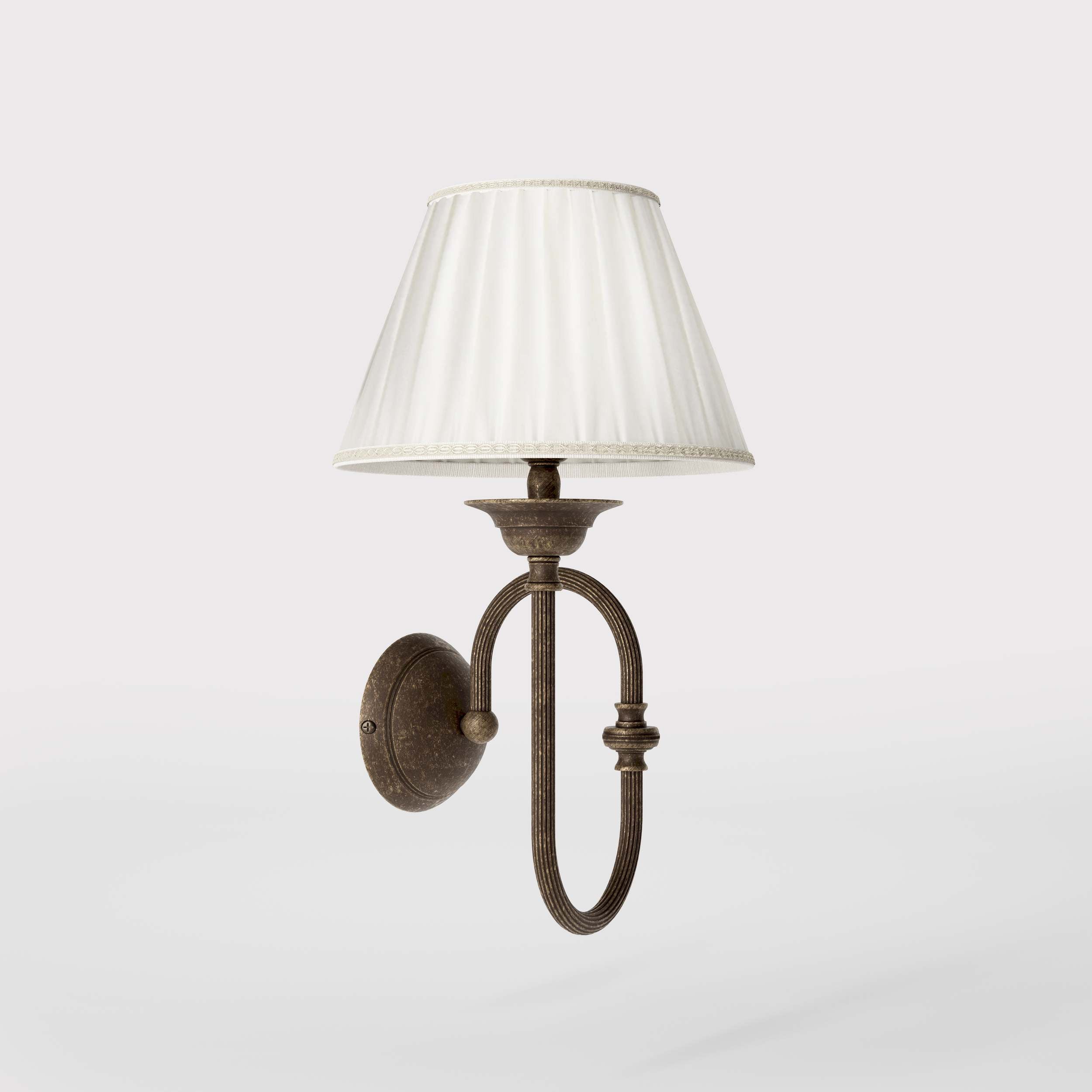 Classic brass wall lamp with curved arm and ivory pleated shade, design inspired by musical instruments Made in Italy by Ghidini 1849 - Finish: OAS Antique Brass