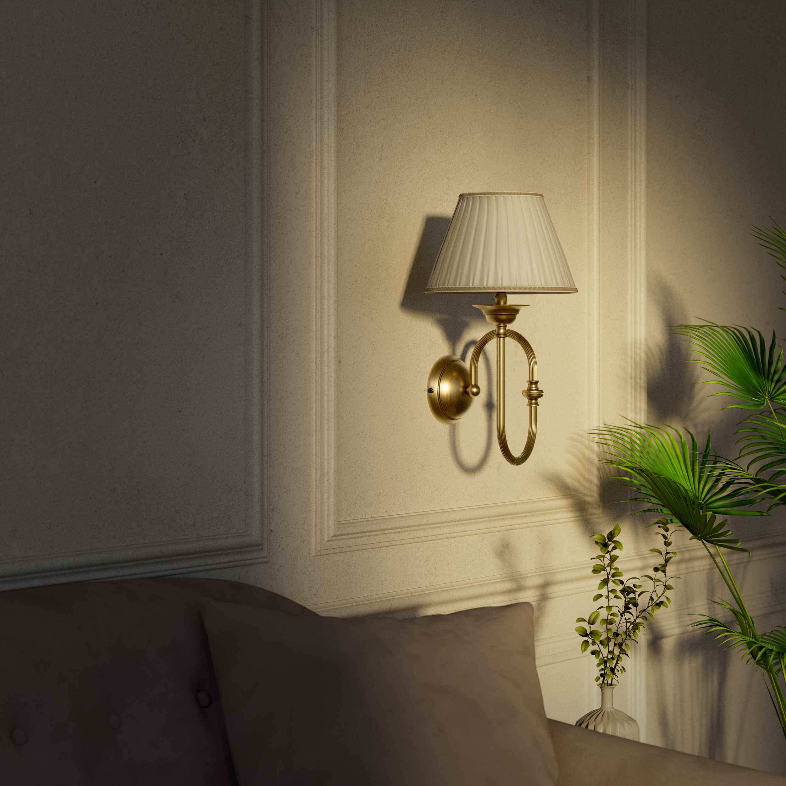 Classic brass wall lamp with curved arm and ivory pleated shade, design inspired by musical instruments Made in Italy by Ghidini 1849 - Finish: OBS Bronze Satin Brass