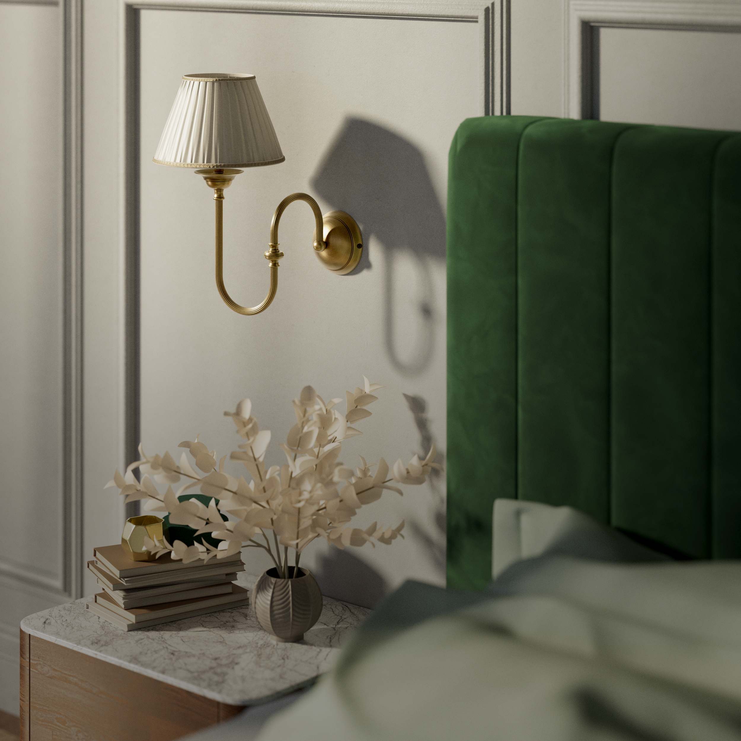 Classic brass wall lamp with curved arm and ivory pleated shade, design inspired by musical instruments Made in Italy by Ghidini 1849 - Finish: OBS Bronze Satin Brass