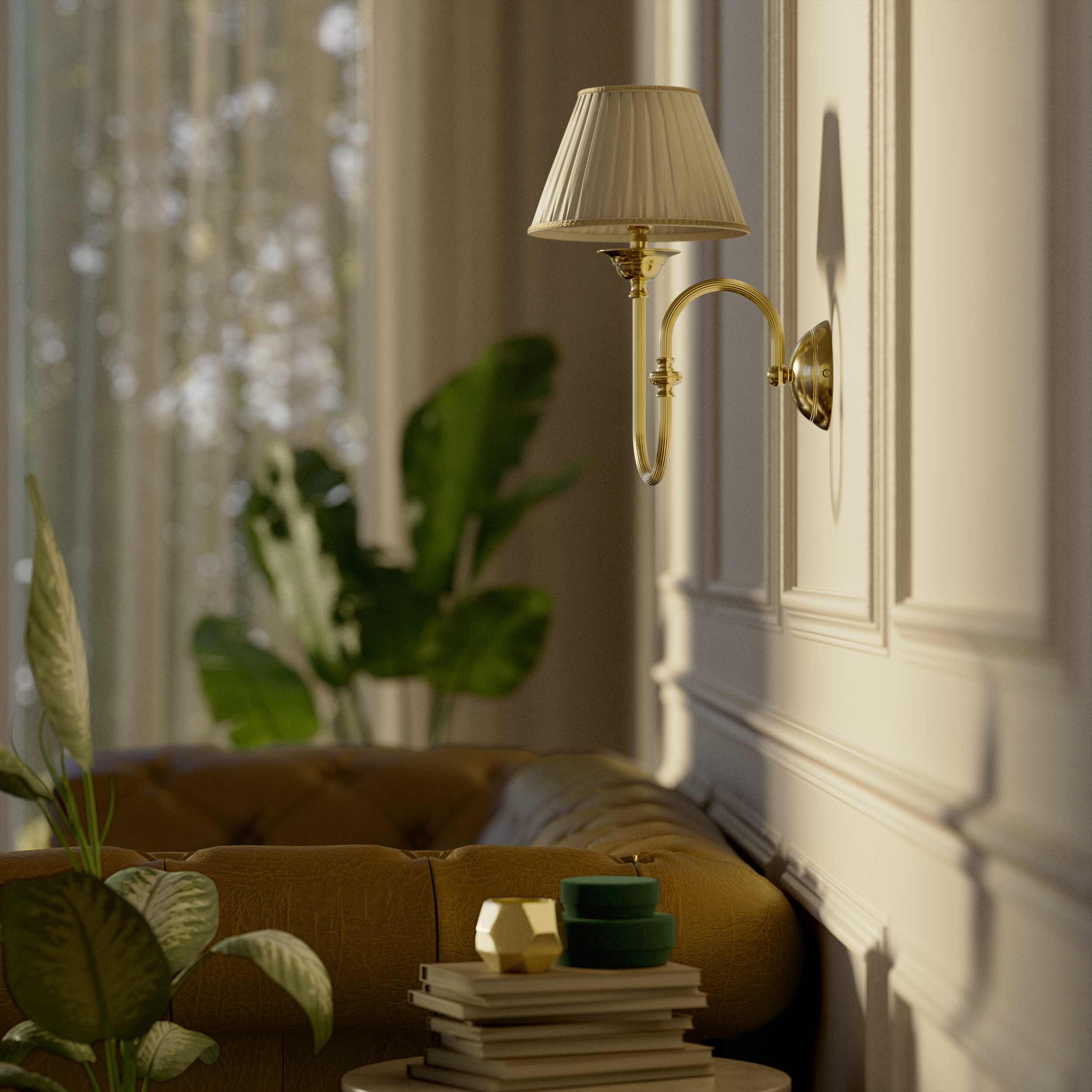 Classic brass wall lamp with curved arm and ivory pleated shade, design inspired by musical instruments Made in Italy by Ghidini 1849 - Finish: OLV Polished Brass