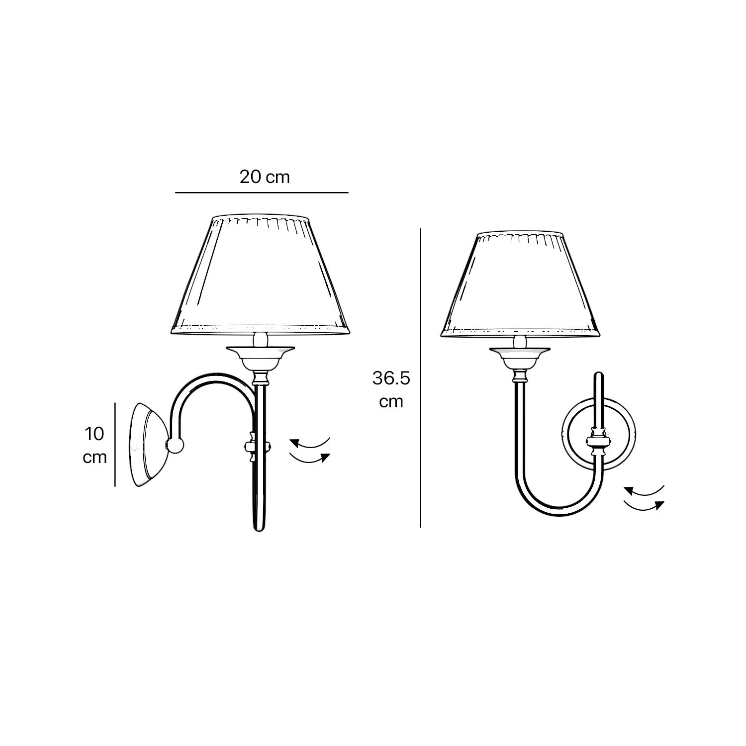 Classic brass wall lamp with curved arm and ivory pleated shade, design inspired by musical instruments Made in Italy by Ghidini 1849