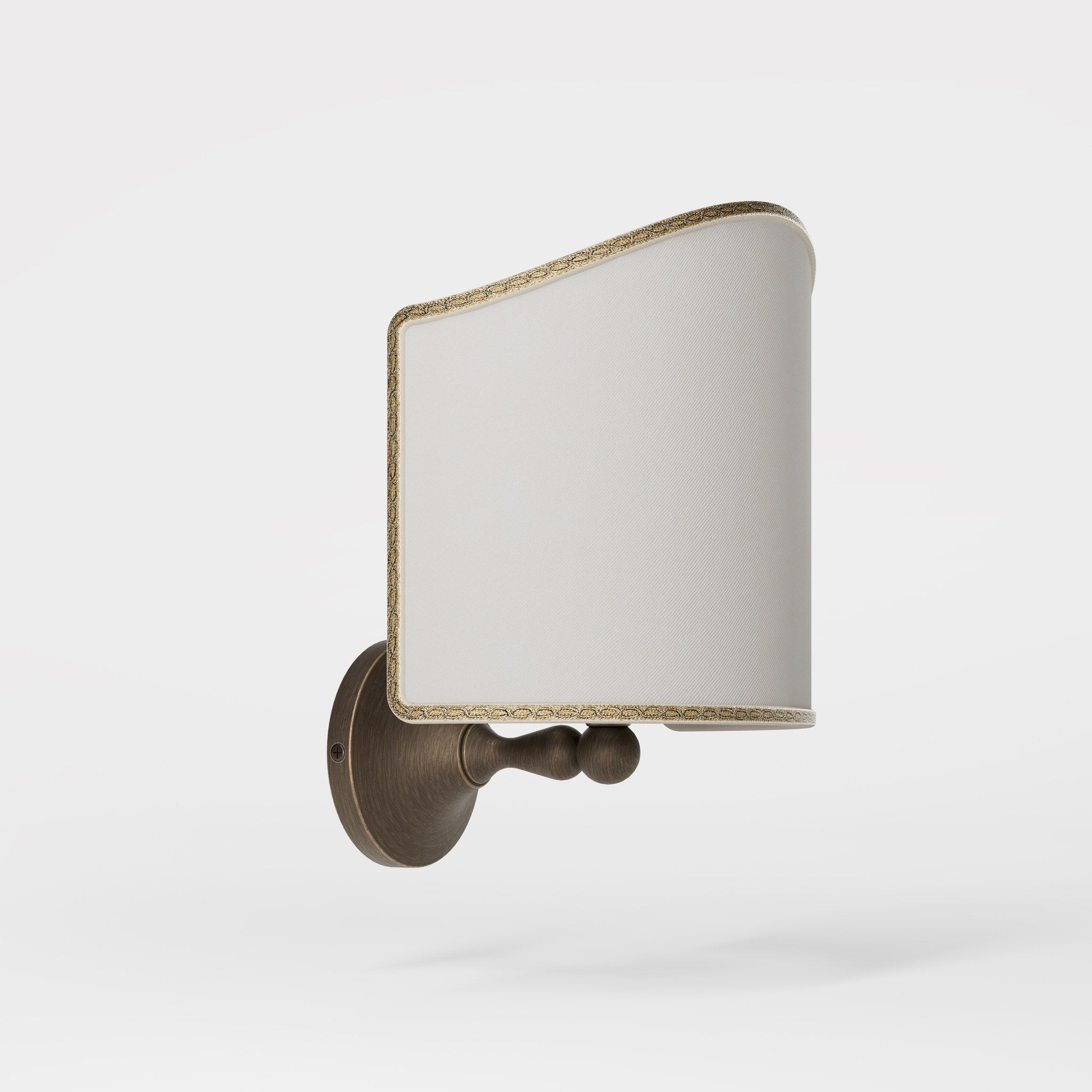 Brass wall lamp with ivory fabric shade, embroidered edge, classic design, Made in Italy by Ghidini 1849 - Finish: OBM Bronze Satin Matt Brass