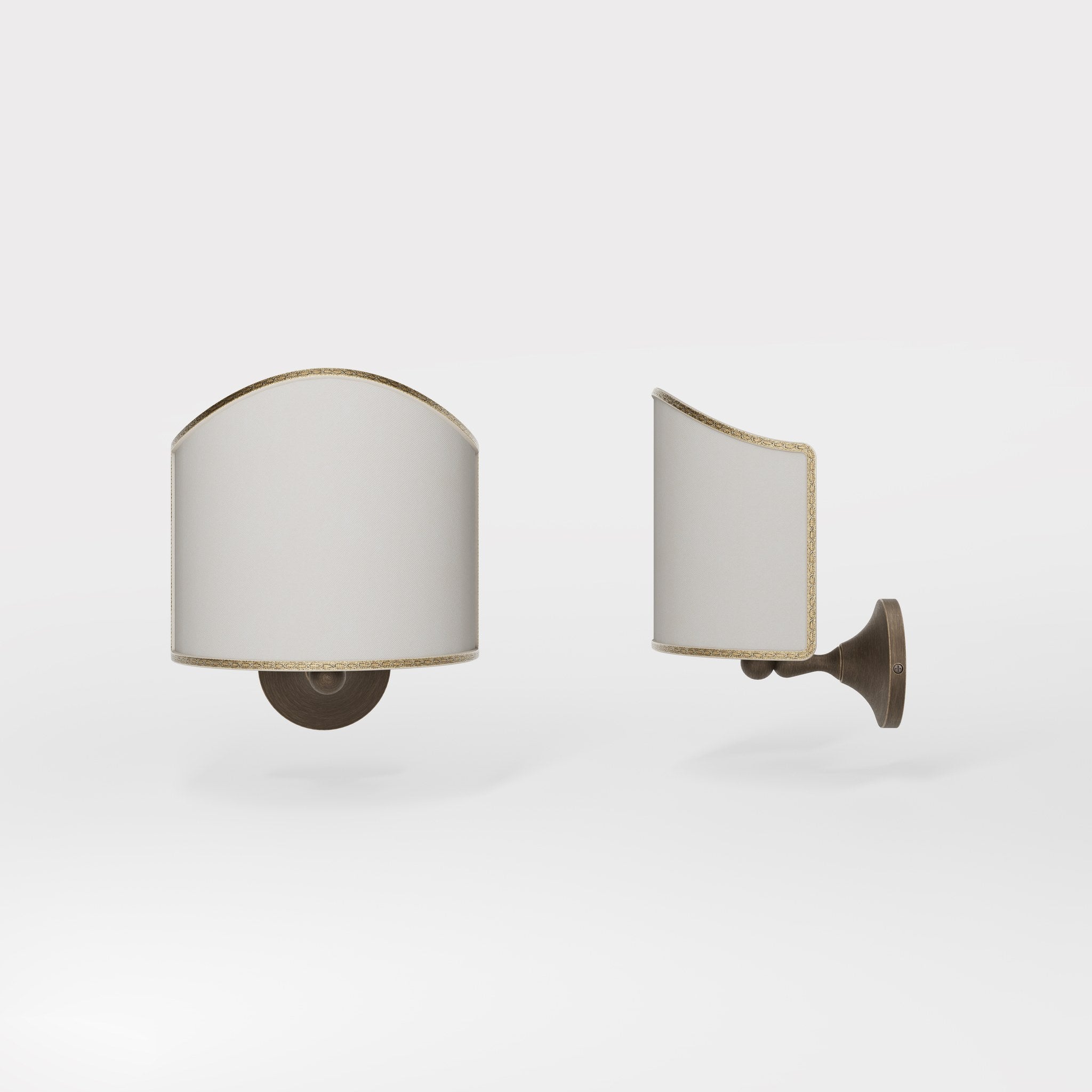 Brass wall lamp with ivory fabric shade, embroidered edge, classic design, Made in Italy by Ghidini 1849 - Finish: OBM Bronze Satin Matt Brass