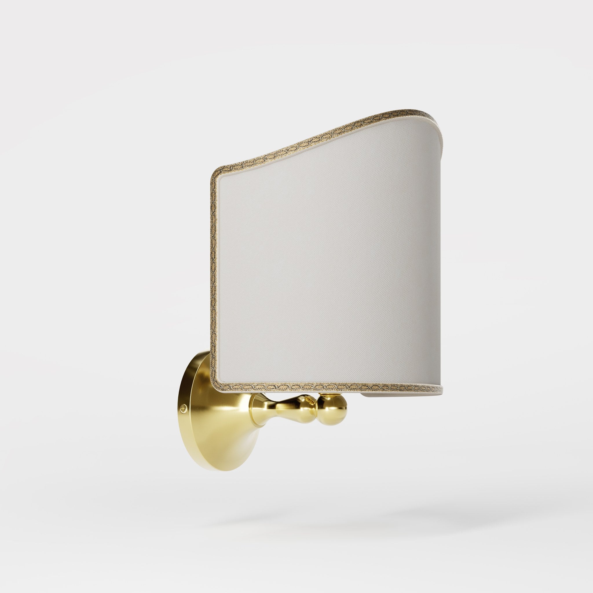 Brass wall lamp with ivory fabric shade, embroidered edge, classic design, Made in Italy by Ghidini 1849 - Finish: OLV Polished Brass