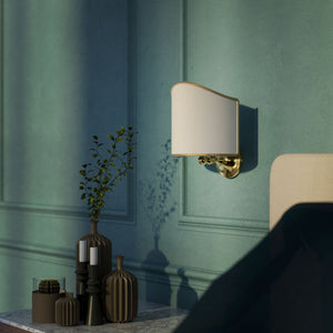 Brass wall lamp with ivory fabric shade, embroidered edge, classic design, Made in Italy by Ghidini 1849 - Finish: OLV Polished Brass