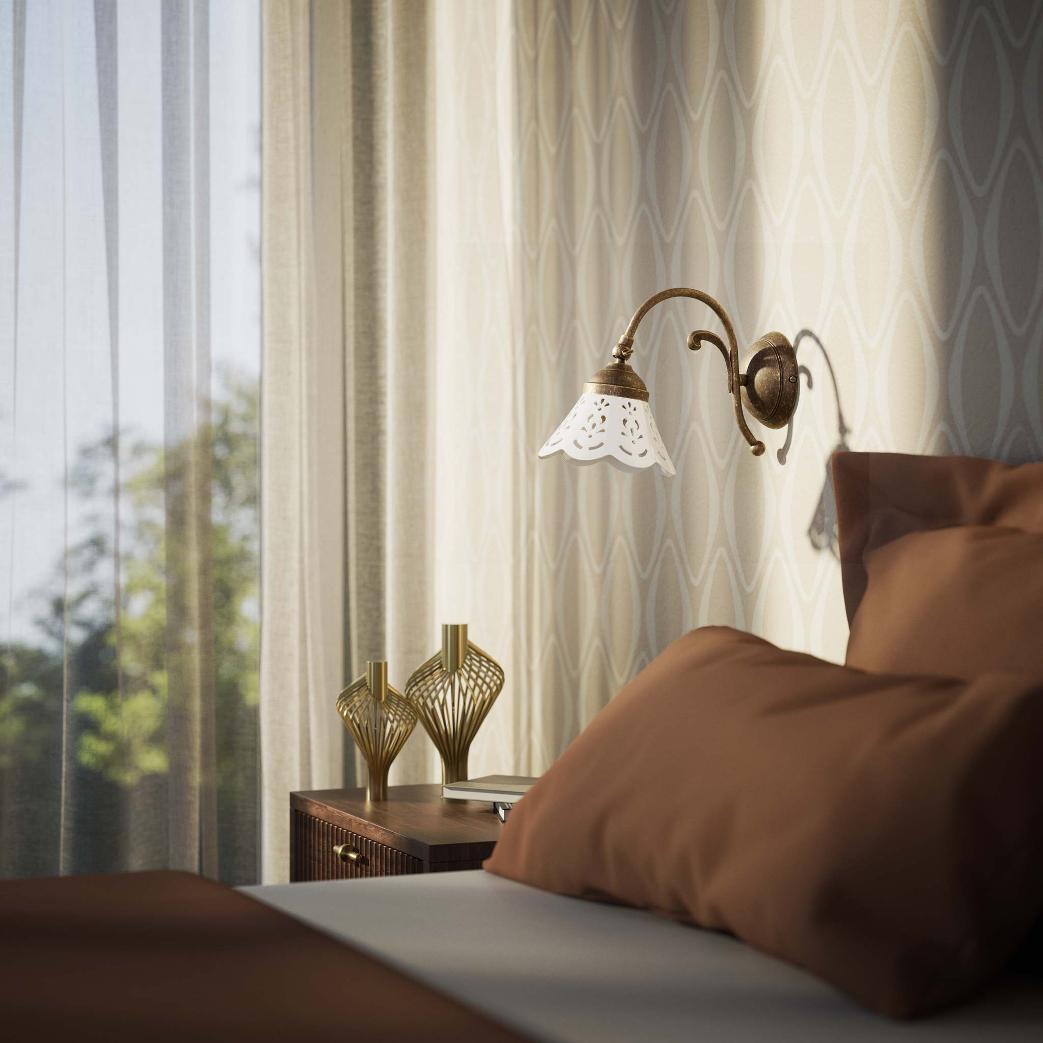 Brass wall lamp with ceramic shade, classic style Zefira by Ghidini 1849 - Finish: OAS Antique Brass