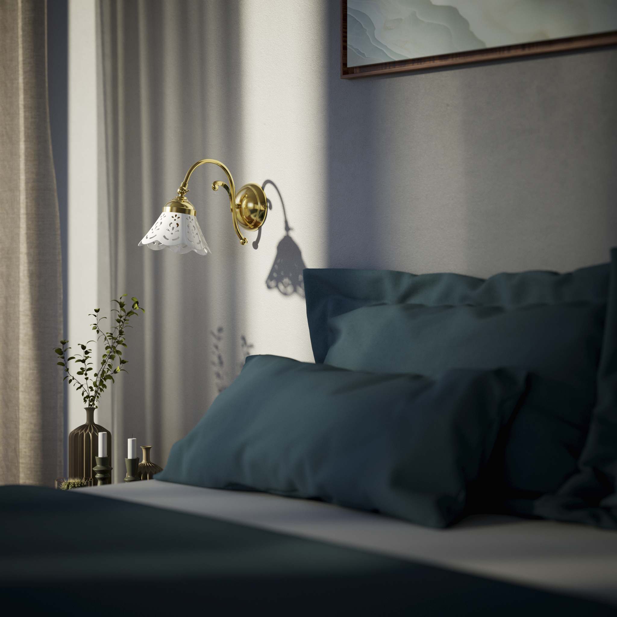 Brass wall lamp with ceramic shade, classic style Zefira by Ghidini 1849 - Finish: OLV Polished Brass