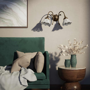 Brass wall lamp with two decorative ceramic shades, classic style Zefira by Ghidini 1849 - Finish: OAS Antique Brass