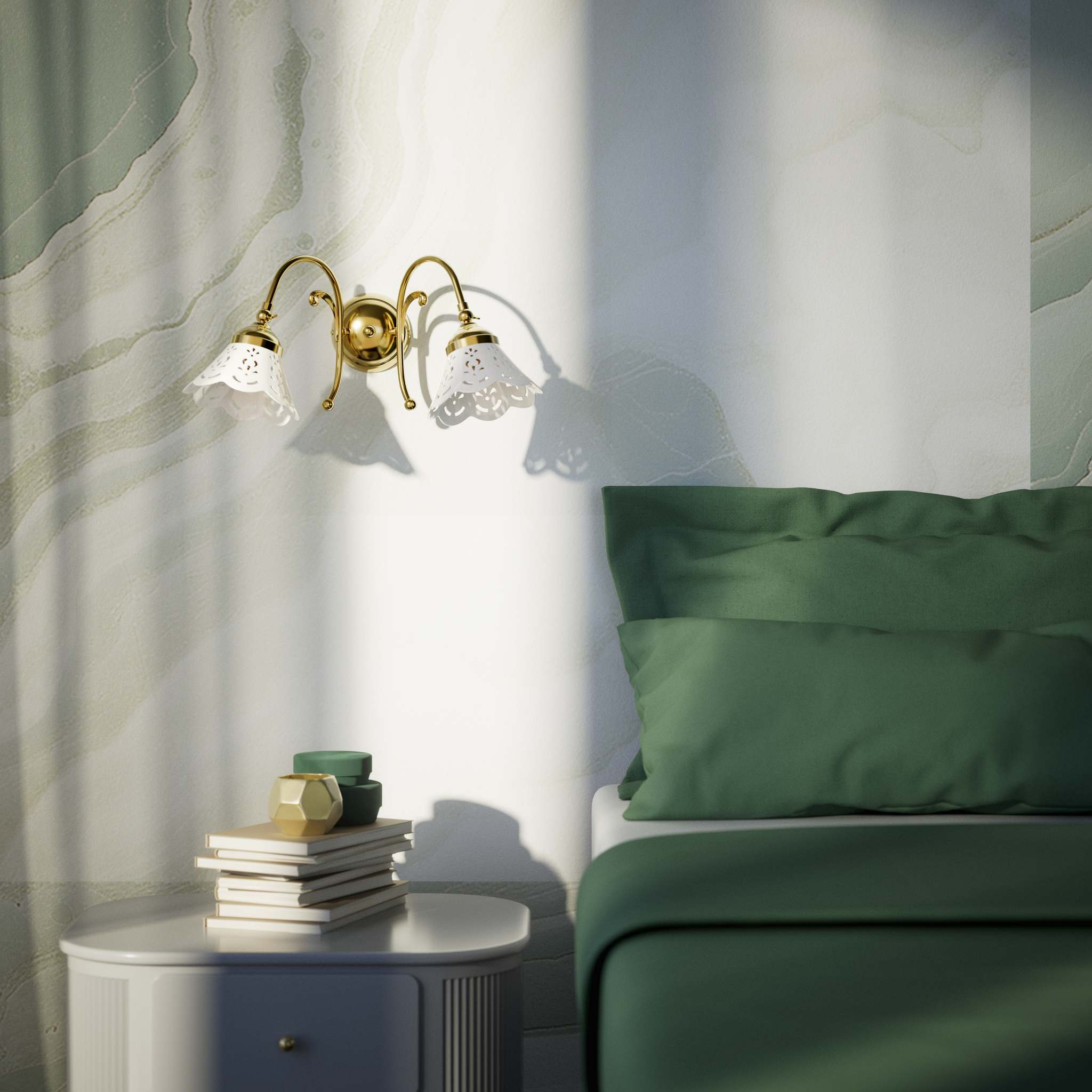 Brass wall lamp with two decorative ceramic shades, classic style Zefira by Ghidini 1849 - Finish: OLV Polished Brass