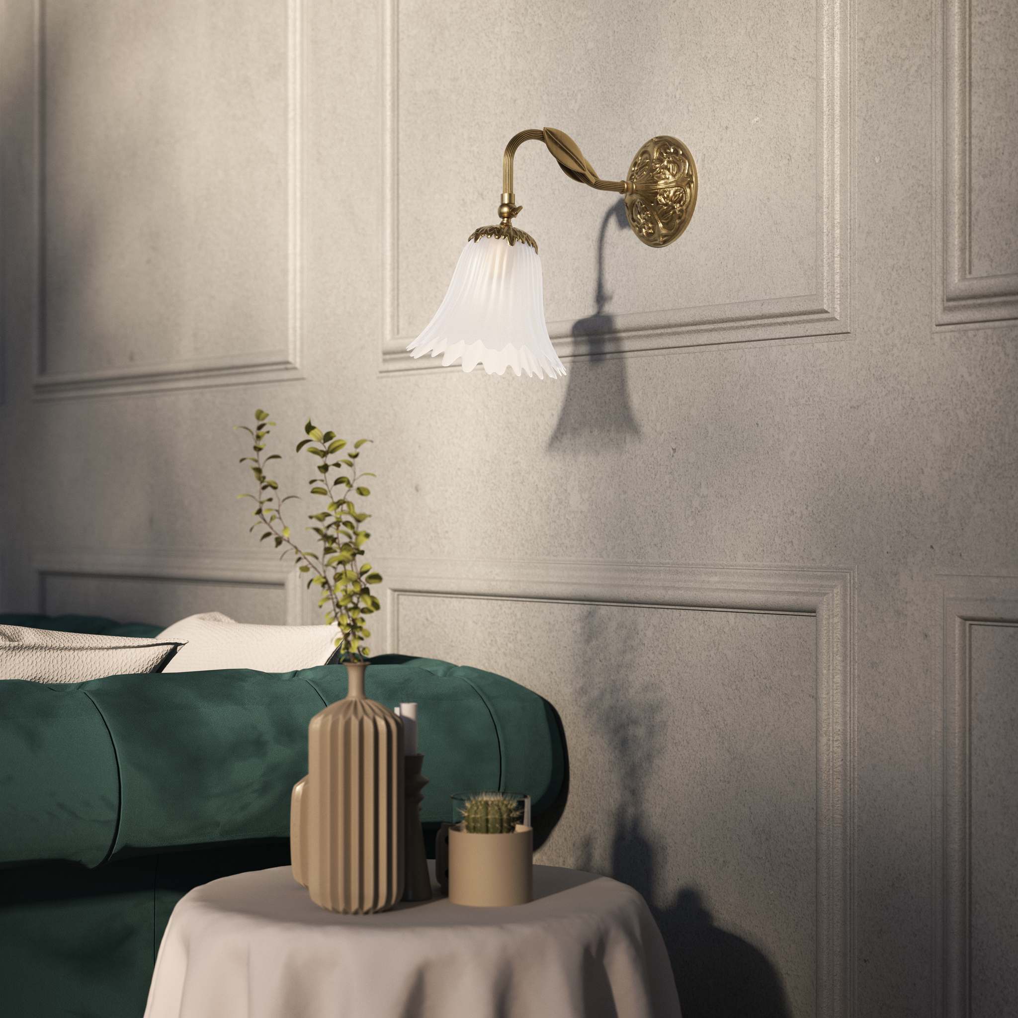 Brass wall lamp with curved arm and floral-shaped frosted glass shade by Ghidini 1849 - Finish: OBS Bronze Satin Brass