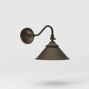 Retro brass wall lamp with articulated arm and adjustable conical shade for directional vintage lighting by Ghidini 1849 - Finish: OBM Bronze Satin Matt Brass