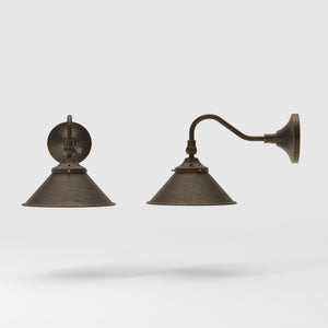 Retro brass wall lamp with articulated arm and adjustable conical shade for directional vintage lighting by Ghidini 1849 - Finish: OBM Bronze Satin Matt Brass