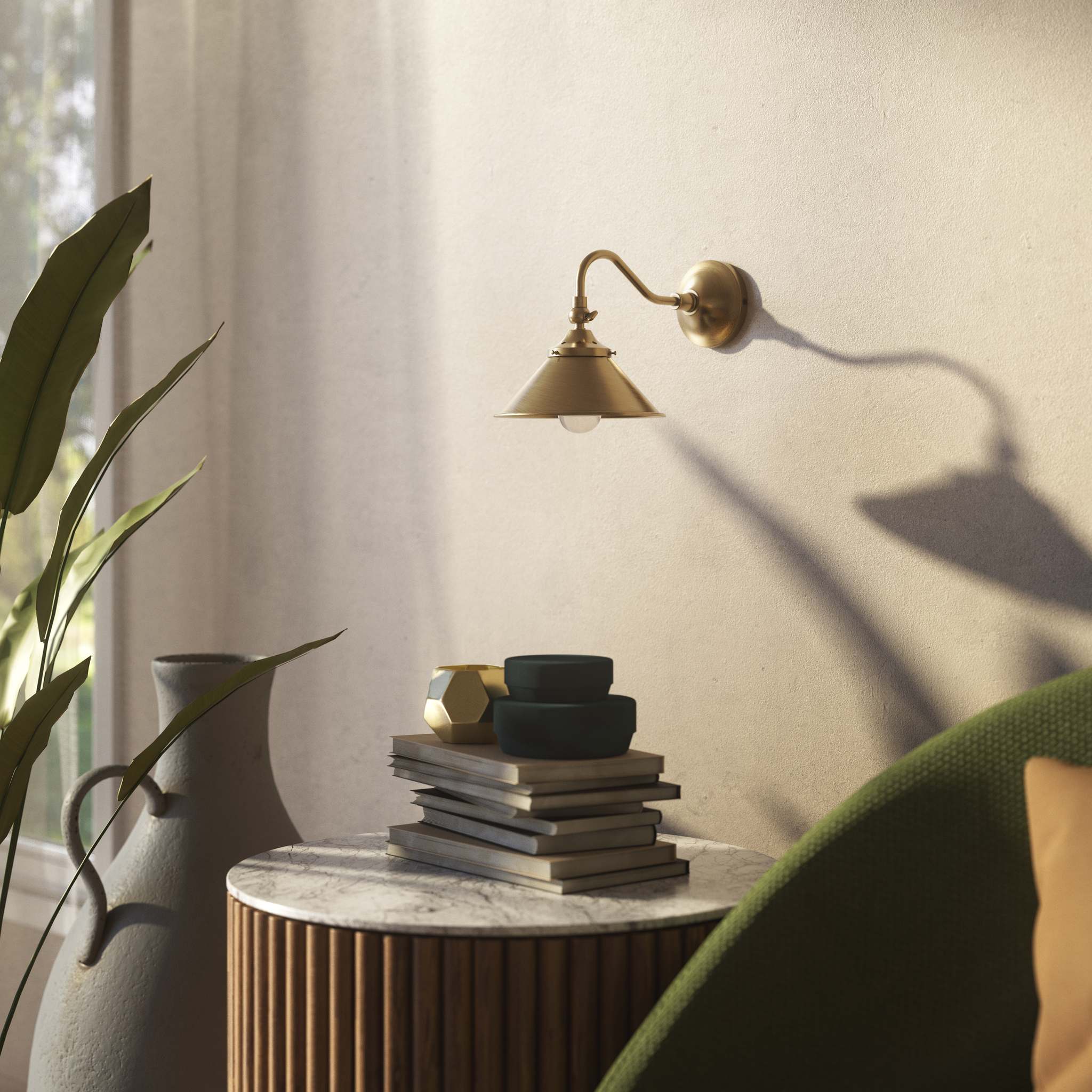 Retro brass wall lamp with articulated arm and adjustable conical shade for directional vintage lighting by Ghidini 1849 - Finish: OBS Bronze Satin Brass