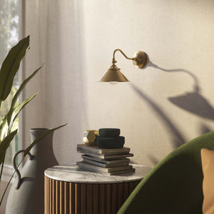 Retro brass wall lamp with articulated arm and adjustable conical shade for directional vintage lighting by Ghidini 1849 - Finish: OBS Bronze Satin Brass