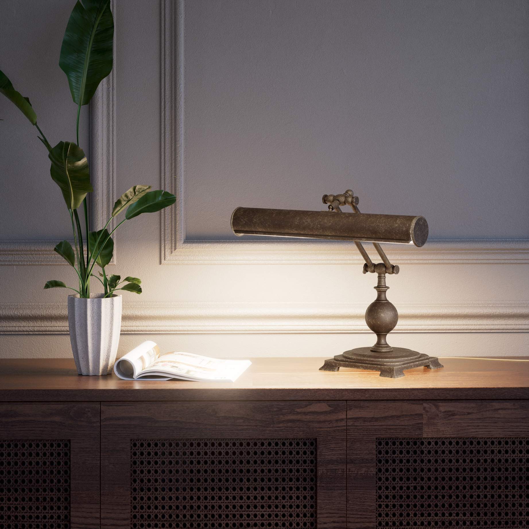 Executive brass desk lamp with cylindrical shade and dual articulation points mounted on decorative square base with spherical accent by Ghidini 1849 - Finish: OAS Antique Brass