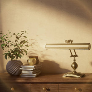 Executive brass desk lamp with cylindrical shade and dual articulation points mounted on decorative square base with spherical accent by Ghidini 1849 - Finish: OBS Bronze Satin Brass