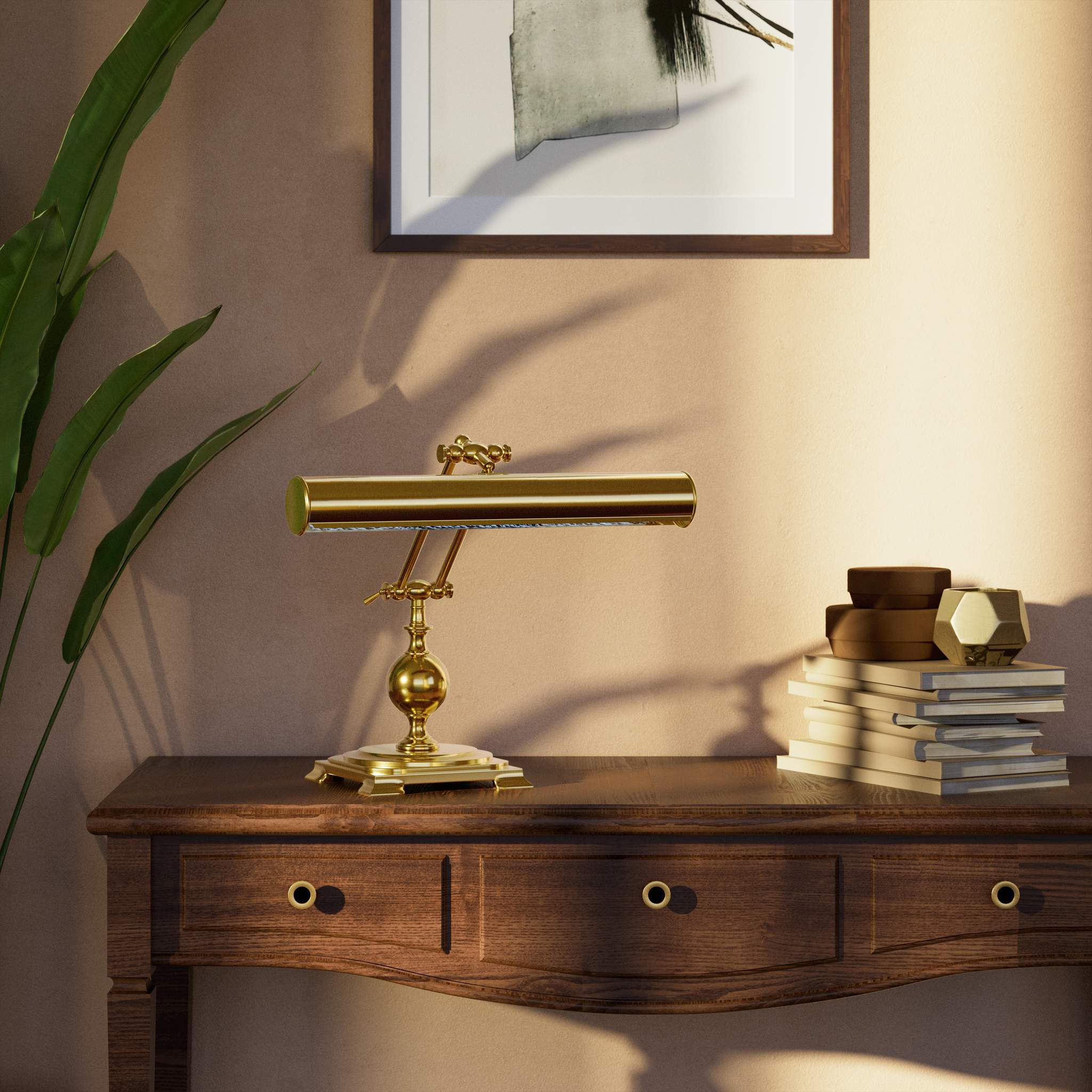Executive brass desk lamp with cylindrical shade and dual articulation points mounted on decorative square base with spherical accent by Ghidini 1849 - Finish: ORO 24K Gold Plated