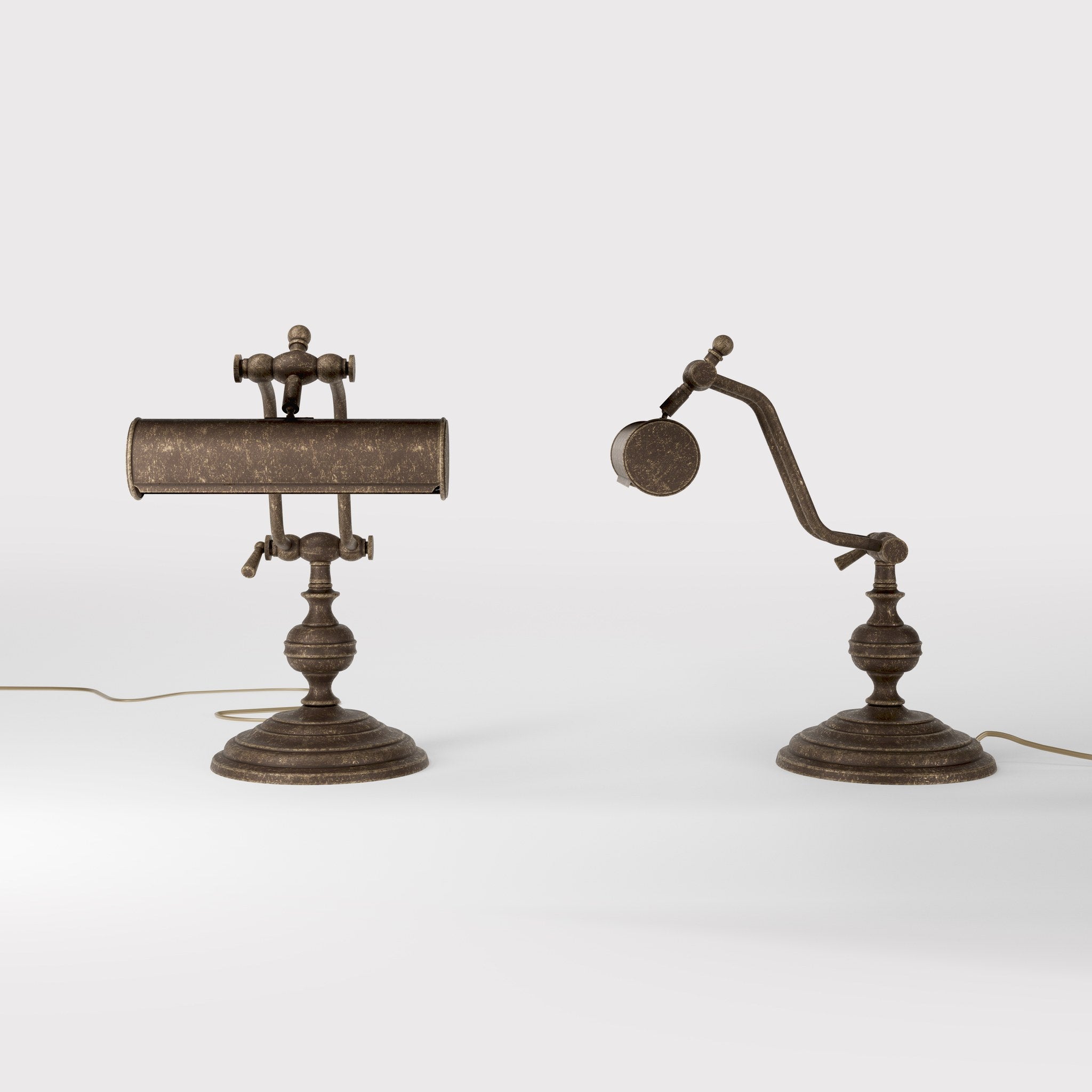 Brass study lamp with adjustable cylindrical shade on turned base with concentric moldings and dual joint system by Ghidini 1849 - Finish: OAS Antique Brass