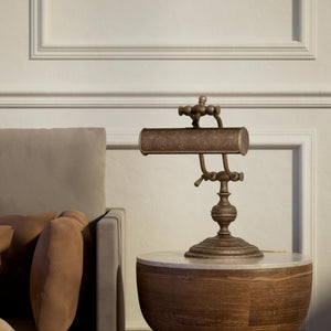 Brass study lamp with adjustable cylindrical shade on turned base with concentric moldings and dual joint system by Ghidini 1849 - Finish: OAS Antique Brass