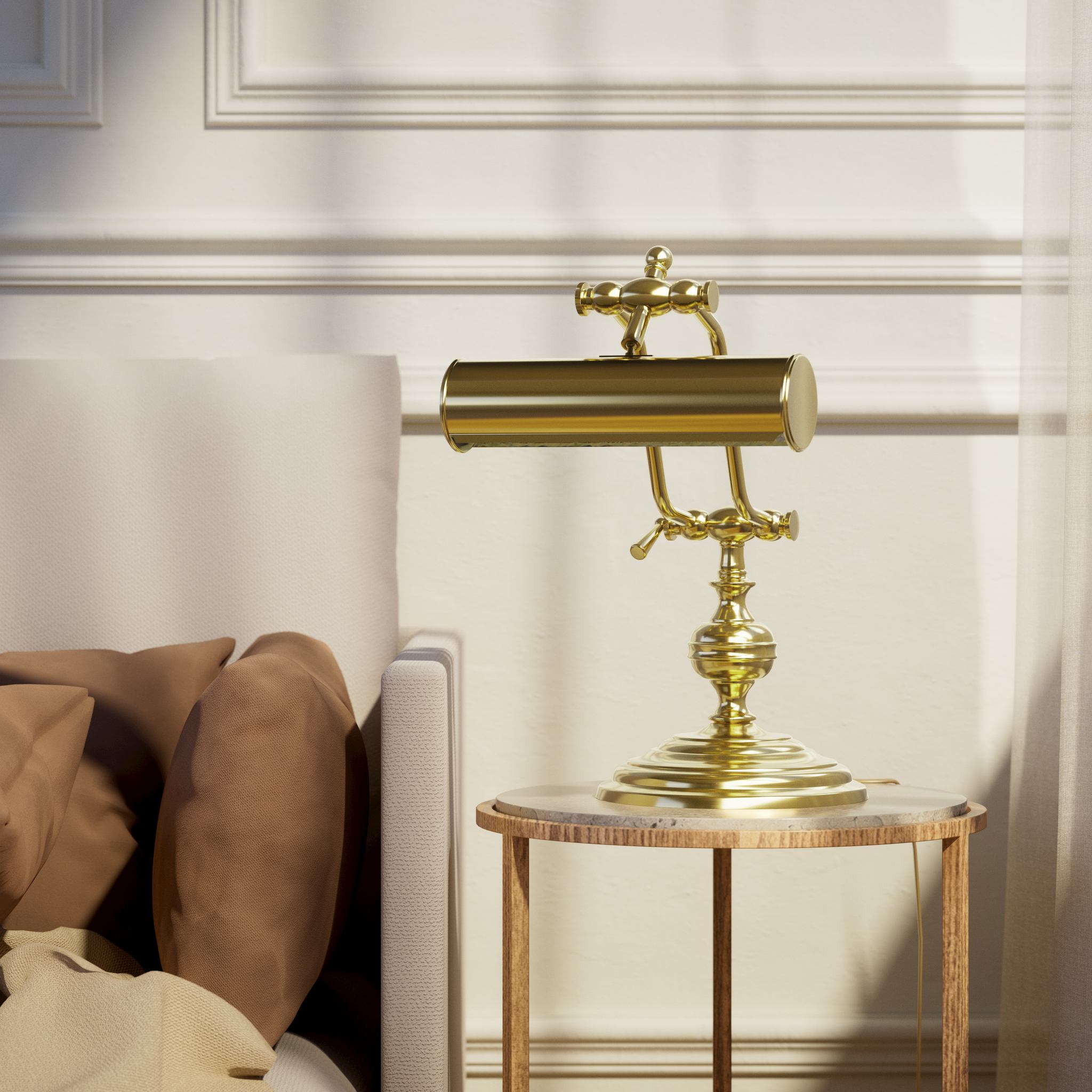 Brass study lamp with adjustable cylindrical shade on turned base with concentric moldings and dual joint system by Ghidini 1849 - Finish: OLV Polished Brass