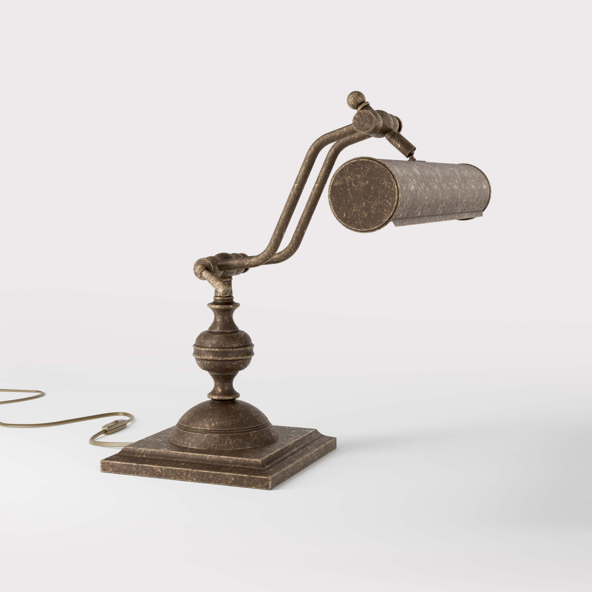 Vintage brass table lamp with adjustable cylindrical shade and articulated arm on square base with turned element by Ghidini 1849 - Finish: OAS Antique Brass
