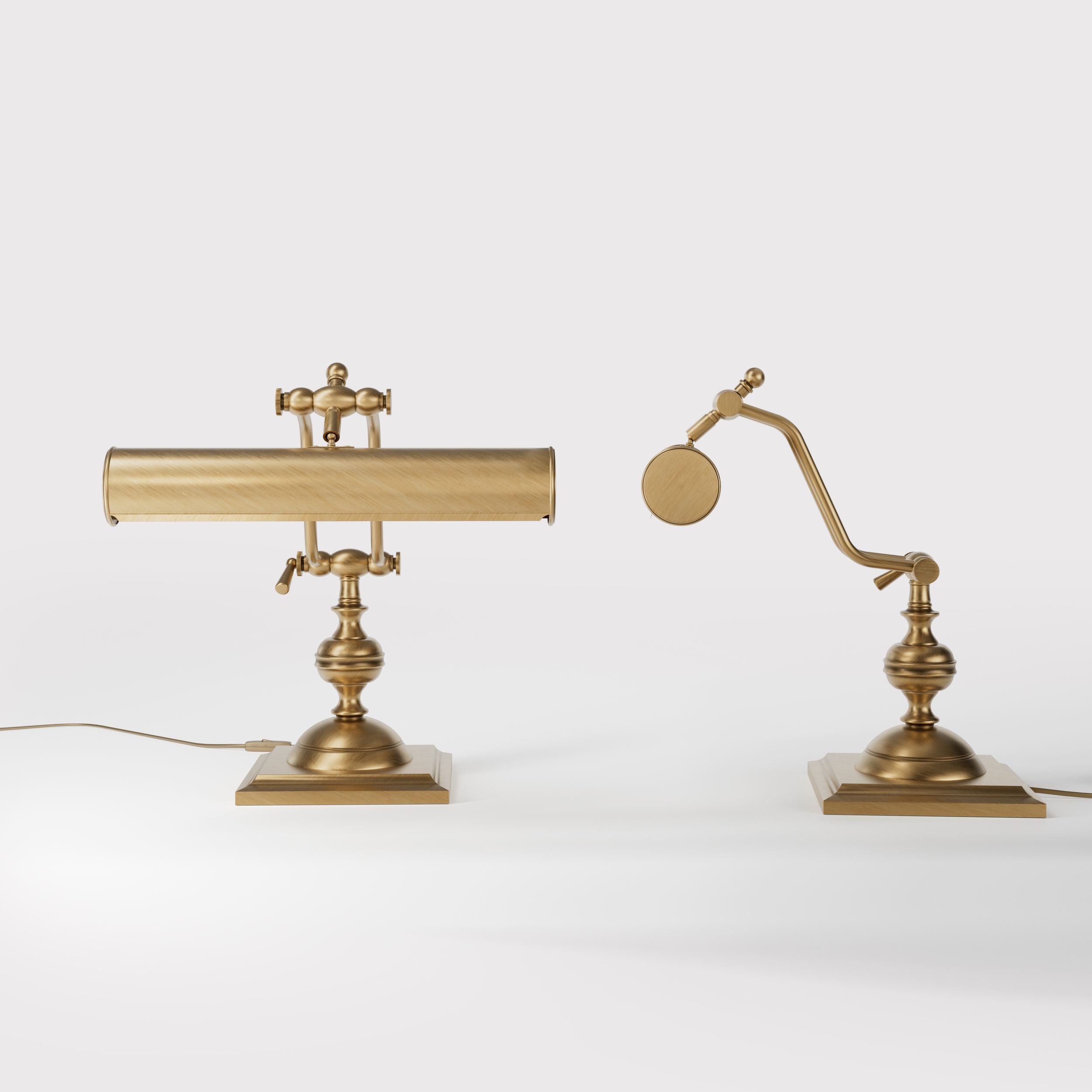 Vintage brass table lamp with adjustable cylindrical shade and articulated arm on square base with turned element by Ghidini 1849 - Finish: OBS Bronze Satin Brass