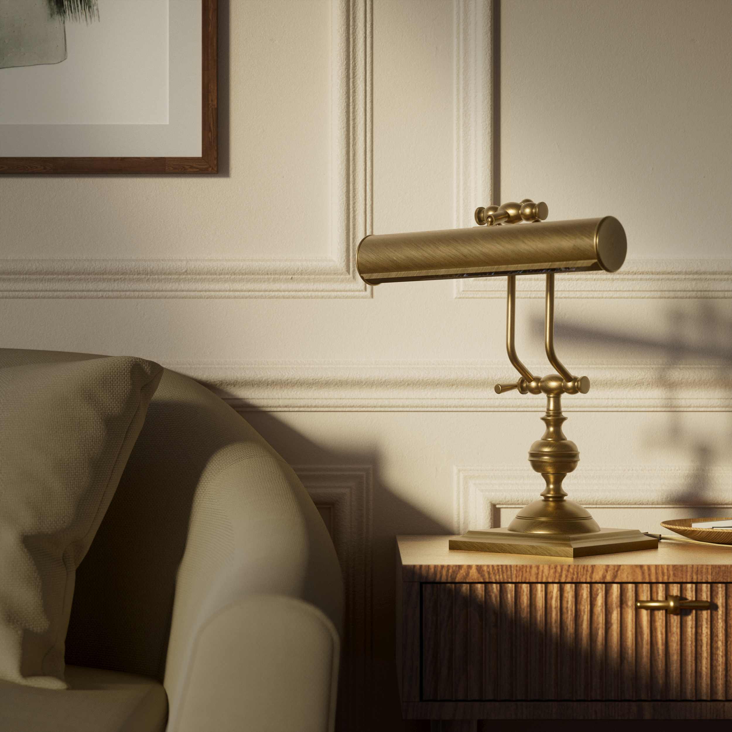 Vintage brass table lamp with adjustable cylindrical shade and articulated arm on square base with turned element by Ghidini 1849 - Finish: OBS Bronze Satin Brass