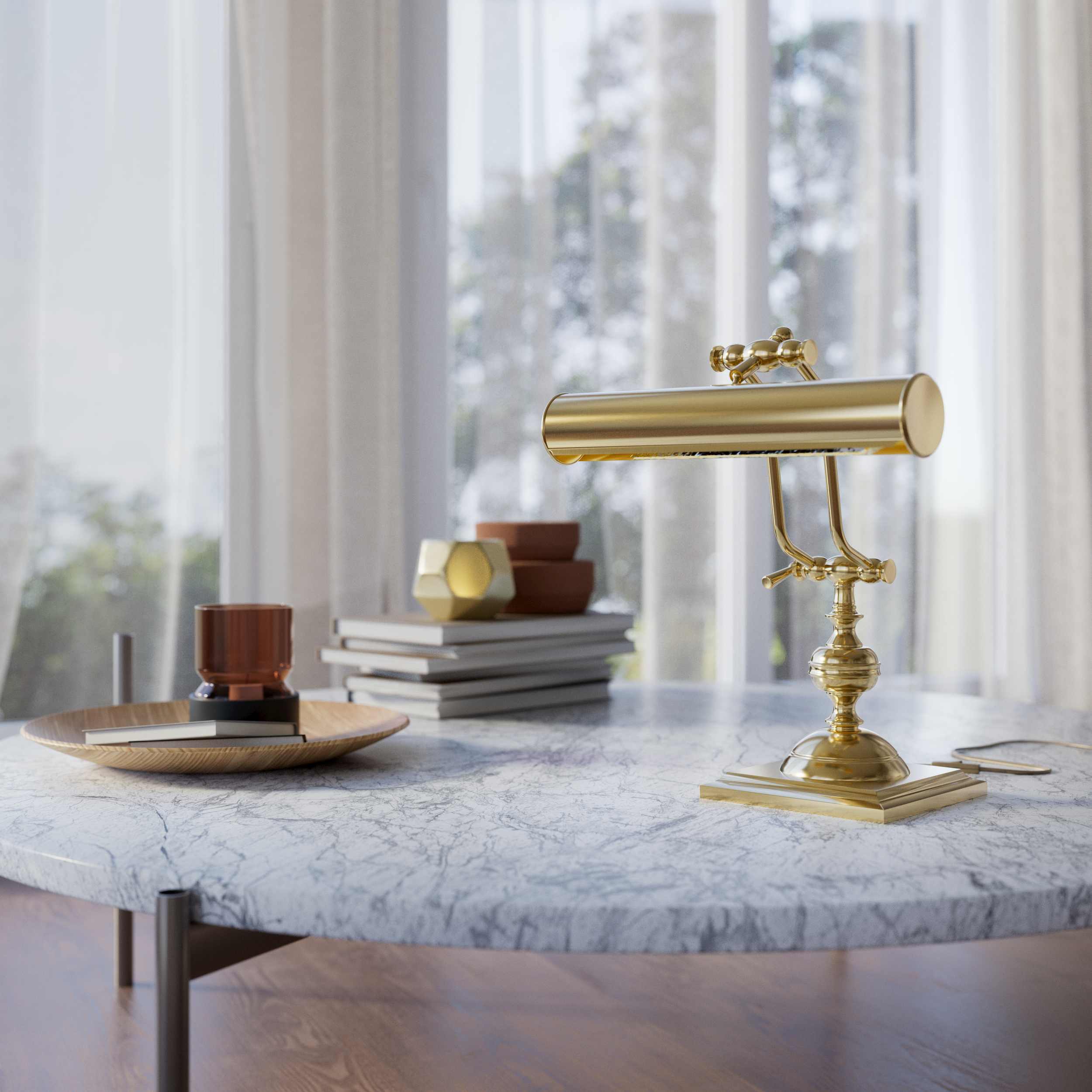 Vintage brass table lamp with adjustable cylindrical shade and articulated arm on square base with turned element by Ghidini 1849 - Finish: OLV Polished Brass