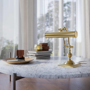 Vintage brass table lamp with adjustable cylindrical shade and articulated arm on square base with turned element by Ghidini 1849 - Finish: OLV Polished Brass
