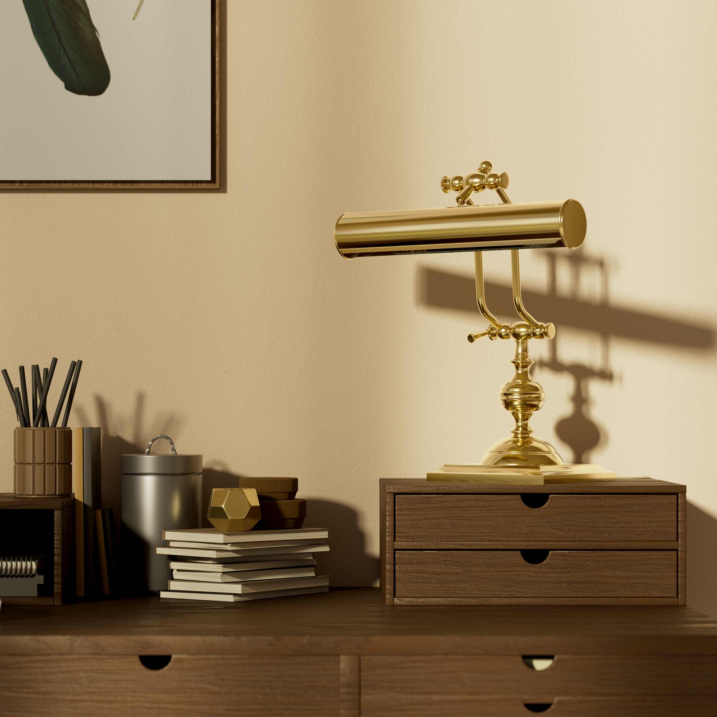 Vintage brass table lamp with adjustable cylindrical shade and articulated arm on square base with turned element by Ghidini 1849 - Finish: OLV Polished Brass
