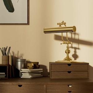Vintage brass table lamp with adjustable cylindrical shade and articulated arm on square base with turned element by Ghidini 1849 - Finish: OLV Polished Brass