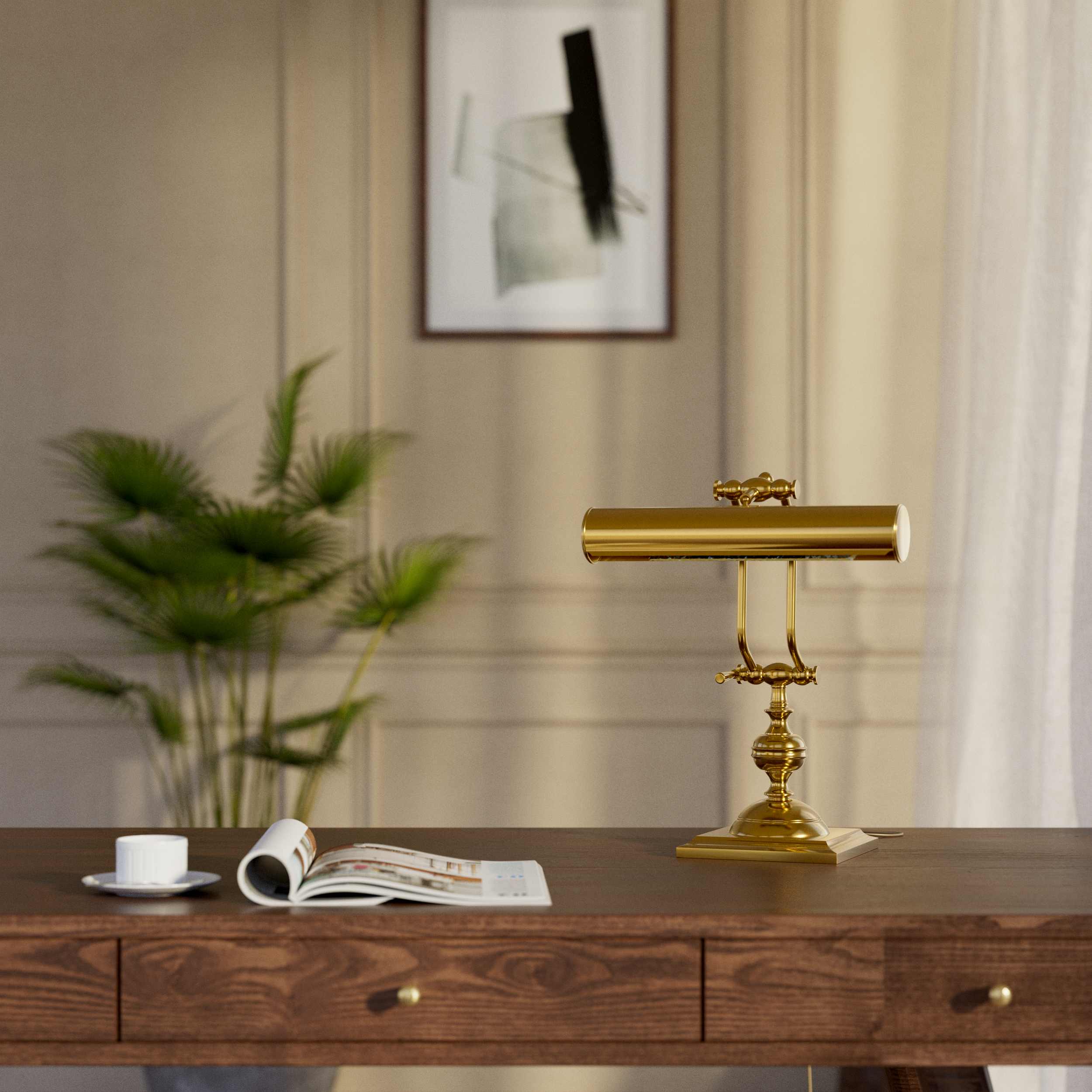 Vintage brass table lamp with adjustable cylindrical shade and articulated arm on square base with turned element by Ghidini 1849 - Finish: ORO 24K Gold Plated