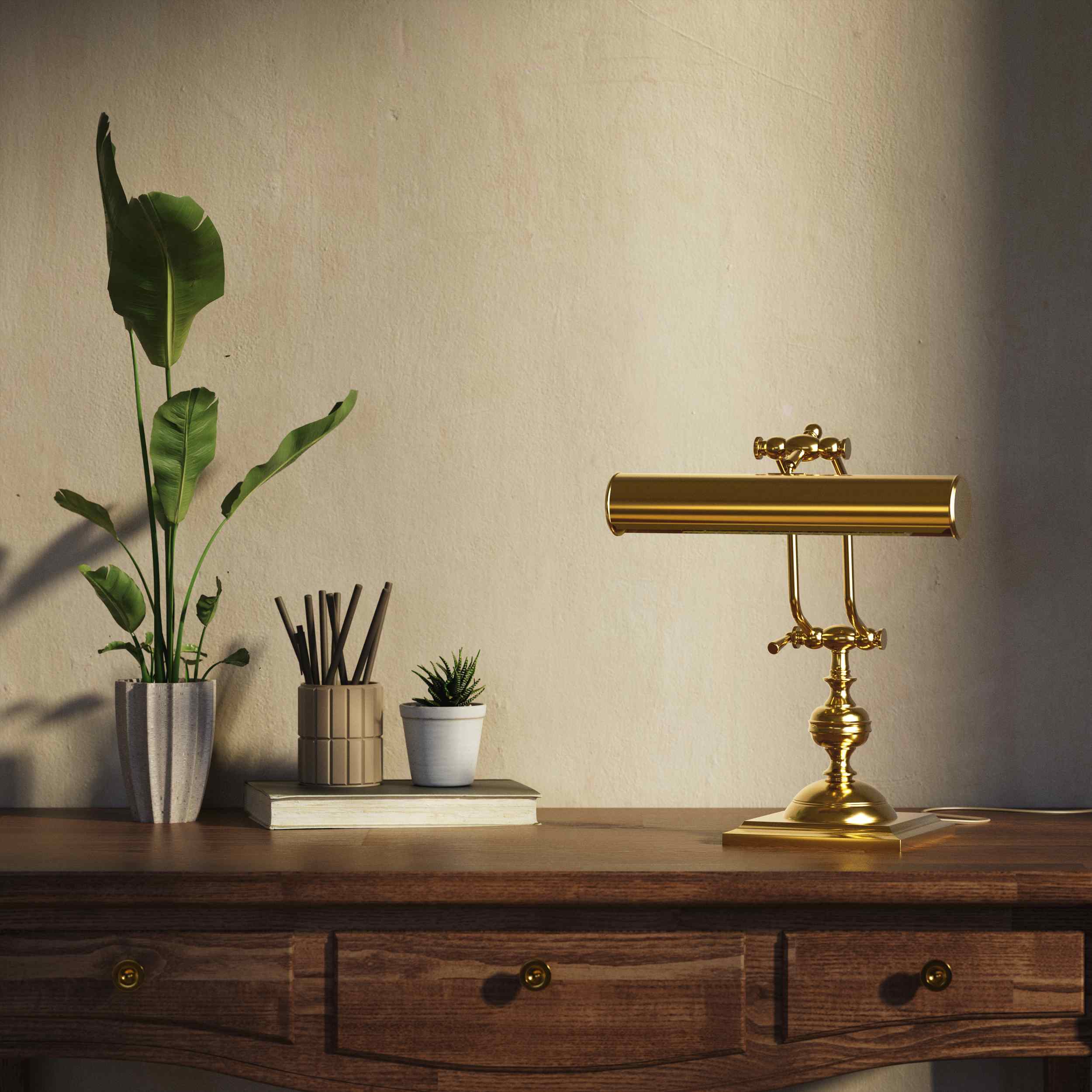Vintage brass table lamp with adjustable cylindrical shade and articulated arm on square base with turned element by Ghidini 1849 - Finish: ORO 24K Gold Plated