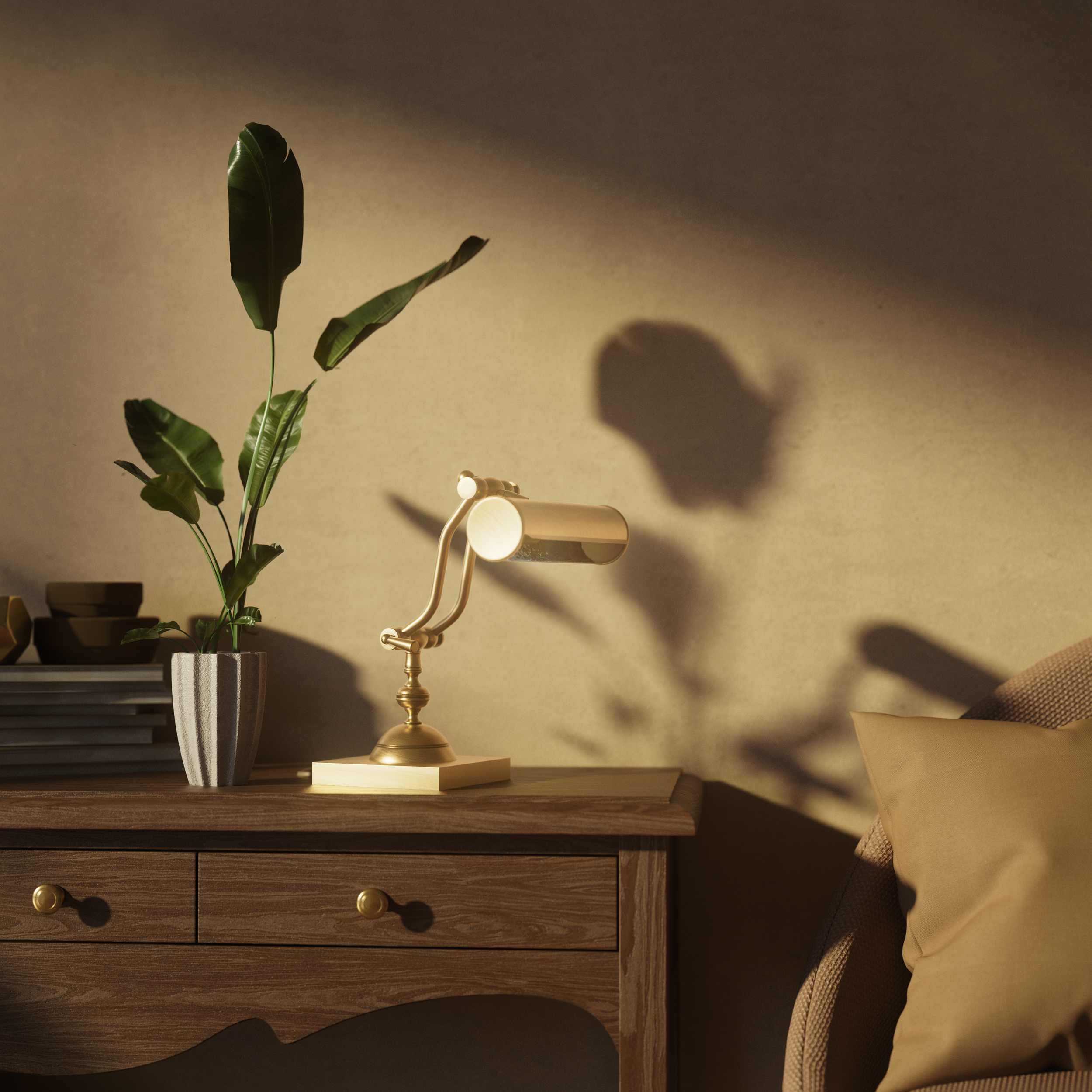 Articulated brass table lamp with adjustable arms and cylindrical shade industrial style for desk lighting by Ghidini 1849 - Finish: OBS Bronze Satin Brass