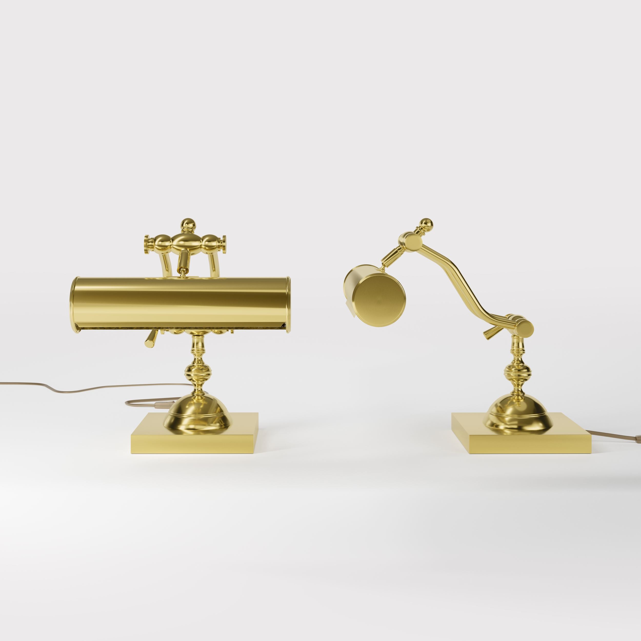 Articulated brass table lamp with adjustable arms and cylindrical shade industrial style for desk lighting by Ghidini 1849 - Finish: OLV Polished Brass