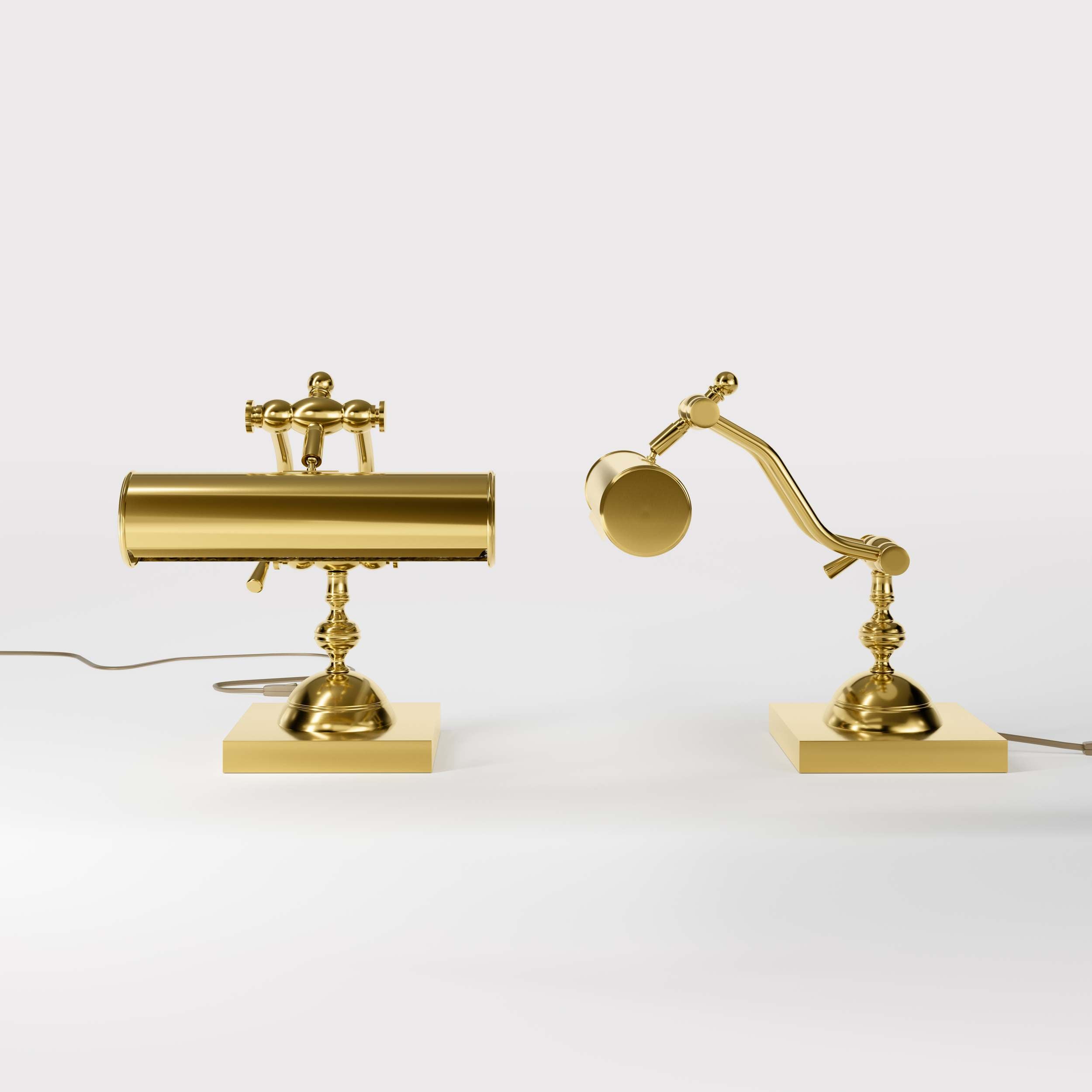 Articulated brass table lamp with adjustable arms and cylindrical shade industrial style for desk lighting by Ghidini 1849 - Finish: ORO 24K Gold Plated