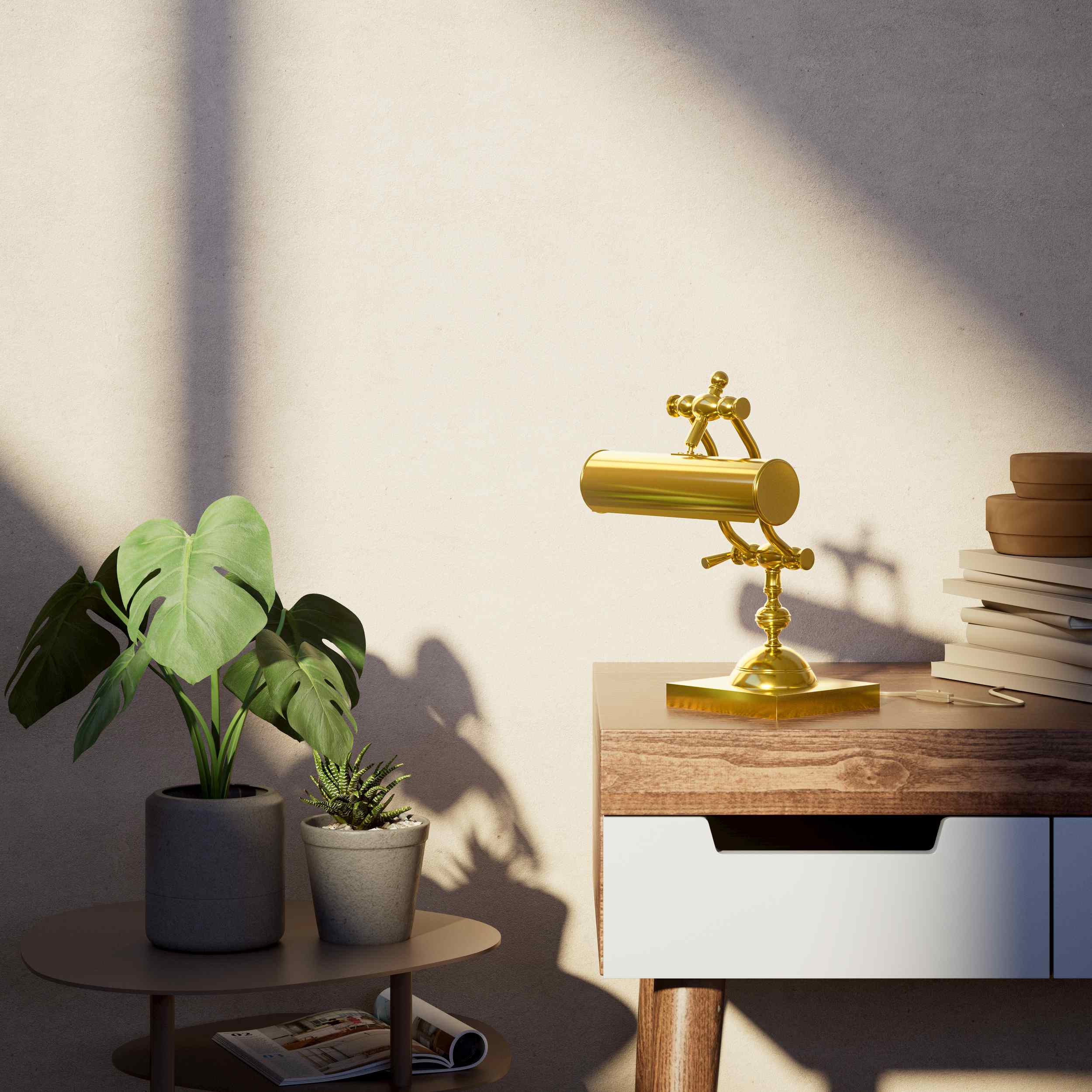 Articulated brass table lamp with adjustable arms and cylindrical shade industrial style for desk lighting by Ghidini 1849 - Finish: ORO 24K Gold Plated
